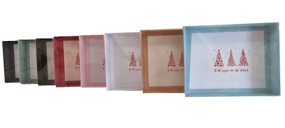 Christmas Tree Hamper Box With Red Foiled Clear Lid-250 x 195 x 70mm (Colour to be chosen) - Pack of 10