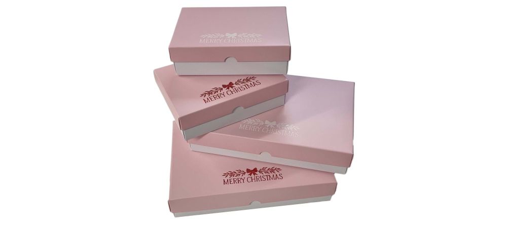 Christmas Bow 50mm Deep White Base Biscuit/Cookie Box With Foiling On Pink Lid (Size and foil colour  to be chosen) - Pack of 10