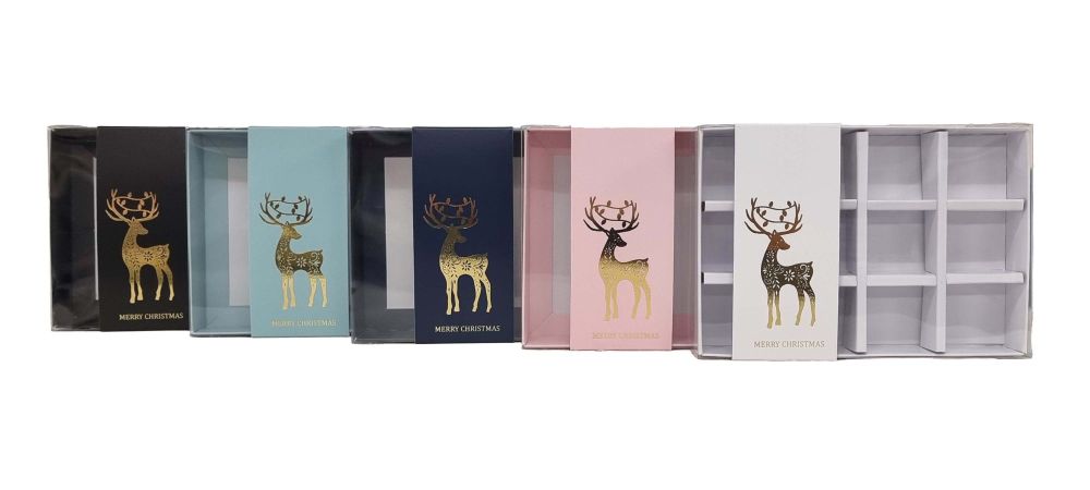 Christmas  Stag 12pk Chocolate Box With Clear Lid, Insert And Foiled Belly (Colour to be chosen) - 165mm x 115mm x 26mm - Pack of 10