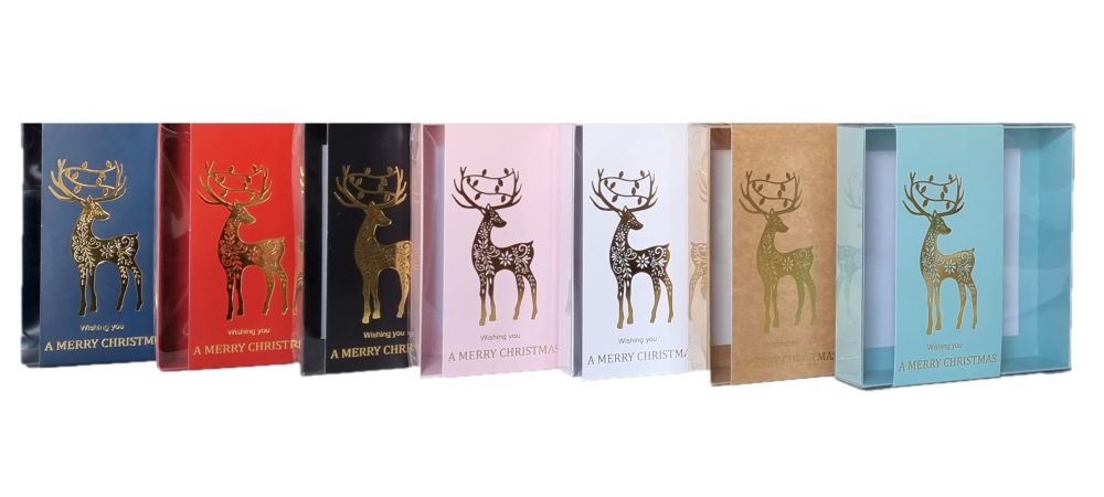 Christmas Stag Large Square Cookie Box With Clear Lid and Foiled Belly Band (Colour to be chosen)-- 155mm x 155mm x 30mm -  Pack of 10