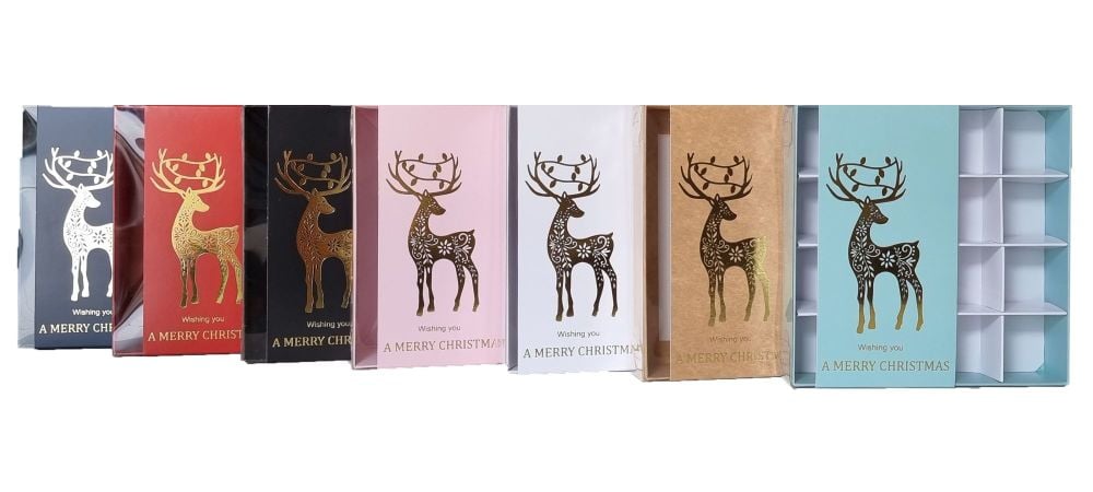Christmas  Stag 16pk Chocolate Box With Clear Lid & Insert and Foiled Belly Band (Colour to be chosen) - 155mm x 155mm x 30mm - Pack of 10