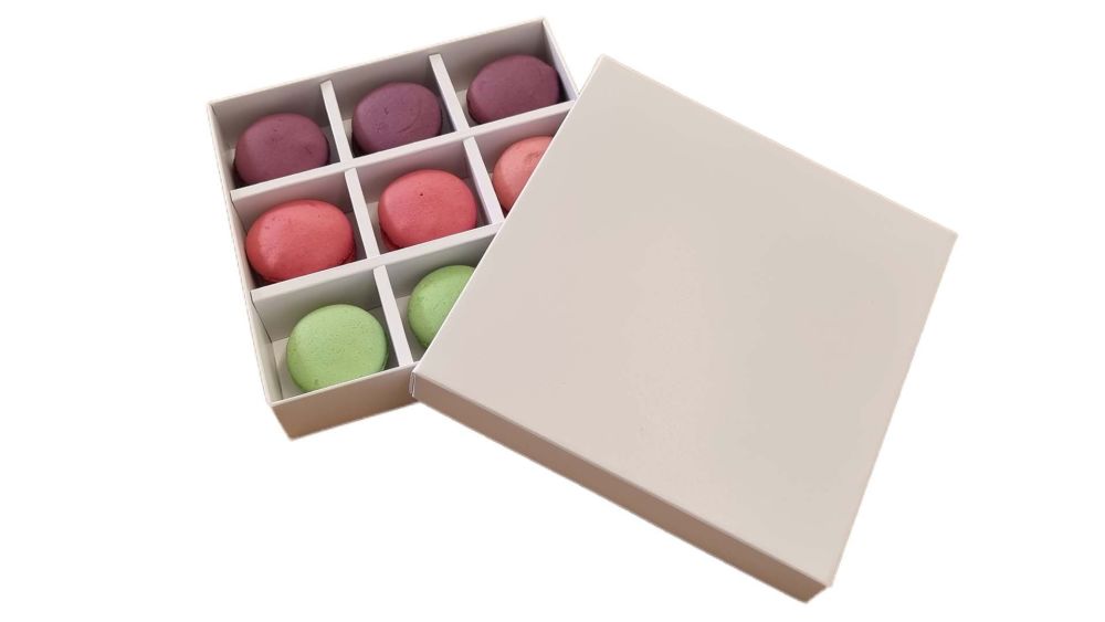9pk Macaron / Sweet / Gift White  Box With White Non-Window Lid and white insert - 155mm x 155mm x 30mm -  Pack of 10