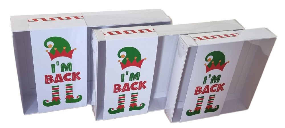 Christmas Elf printed Belly Band with Large 30mm deep Rectangle or Square Box With Clear Lid -Size to be chosen, 