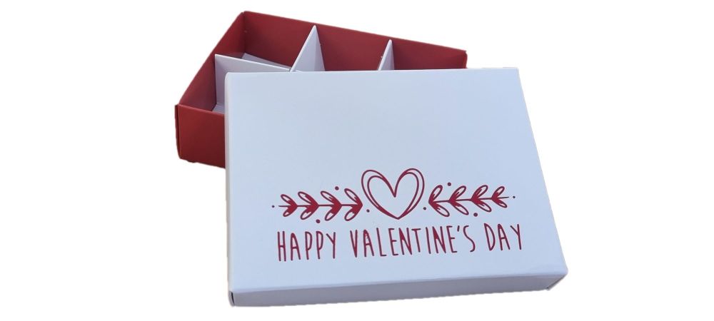 Valentine's 6pk Choc with Red Base, Red Foiled White Non-Window Lid plus White Insert -115mm x 85mm x 30mm - Pack of 10
