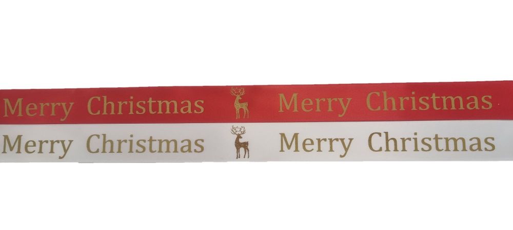 Merry Christmas Stag,  Gold Foiled Satin Ribbon (Colour to be chosen)  -  5 Metres  x 15mm Wide