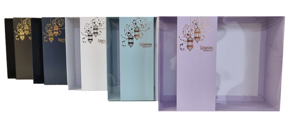 Ramadan Hamper Boxes With Clear Lid & Gold Foiled Belly Band  (Colour to be chosen)- 250mm x 195mm x 70mm- Pack of 10