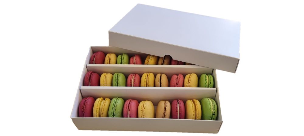 24-27 pc  Macaron Box, 50mm Deep with white  insert and Board Lid - 240mm x 155mm x 50mm - Pack of 10