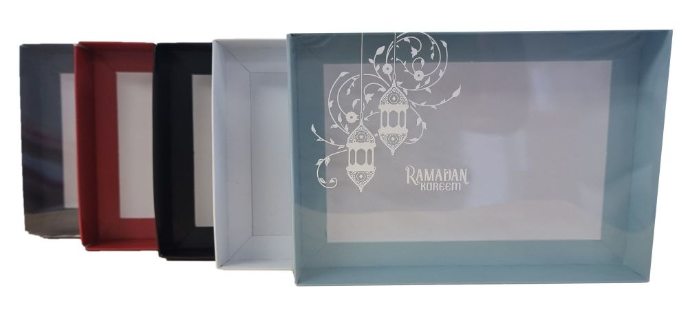 Ramadan C6 Cookie Box With White Foiled Clear Lid (Colour to be chosen) - 165mm x 115mm x 26mm - Pack of 10