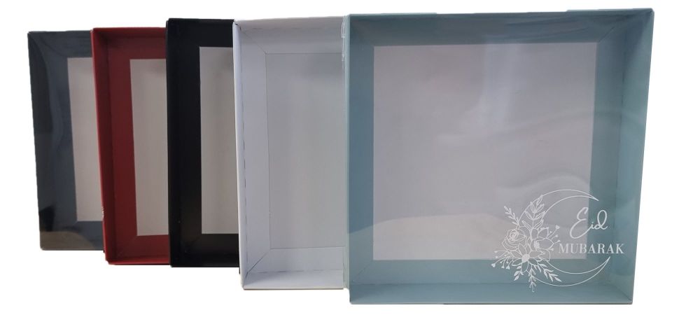 Eid Square Cookie Box with White Foiled Clear Lid- (Colour Base to Be Chosen) 155mm x 155mm x 30mm - Pack of 10