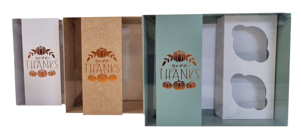 Thanksgiving Hamper Box With Clear Lid & Foiled Belly Band And 2pk Cupcake 