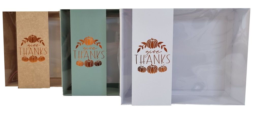 Thanksgiving Hamper Box with Clear Lid & Foiled Belly Band (Colour to be chosen)- 10" x 7.1/2" x 2 .1/2"- Pack of 10