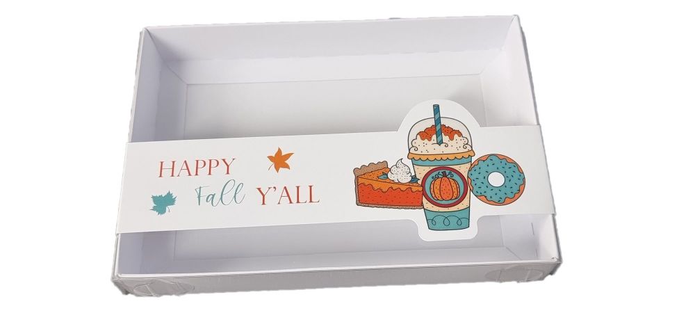 Thanksgiving White  C6  Cookie Box with Printed Belly Band and Clear Lid (Colour to be chosen). 6.1/2" x 4.1/2" x 1"- Pack of 10
