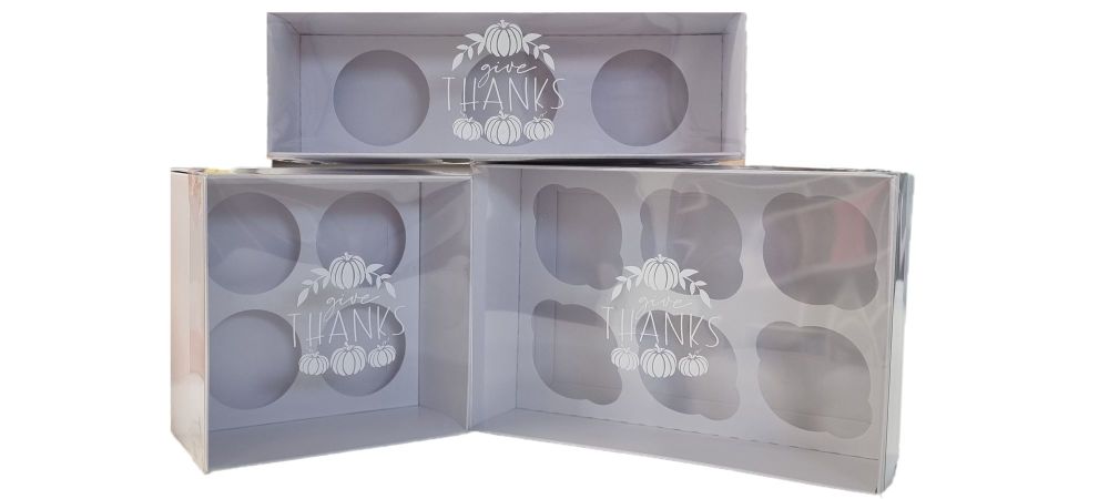 Thanksgiving White Cupcake Boxes With Inserts and  Foiled Clear Lid (Size t