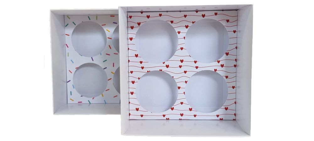 White Luxury 4pk Cupcake Box With Clear Lid & printed  Insert  (to be chosen)-  155mm x 155mm x 90mm - Pack of 10