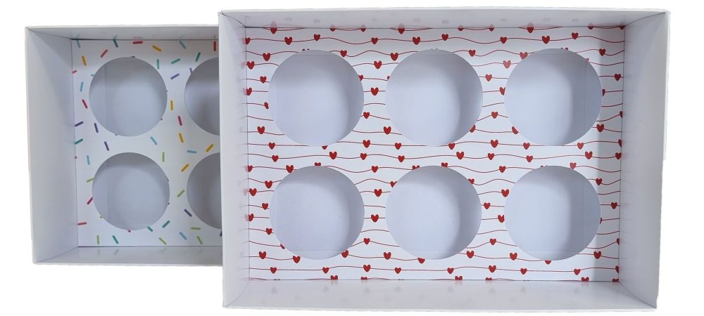 White Luxury 6pk Cupcake Box With Clear Lid & printed Insert (Pattern to be chosen)- 240mm x 165mm x 90mm- Pack of 10