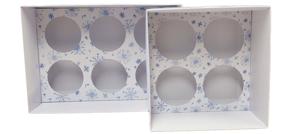 White Luxury Cupcake Box With Clear Lid & Snowflake printed  Insert  (Size to be chosen and price will vary)-  Pack of 10