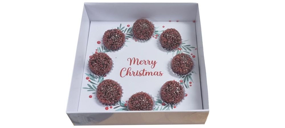 Christmas  50mm Deep Square Cookie Box With Clear Lid And Wreath Truffle/Brigadeiro Insert- 155mm x 155mm x 50mm -  Pack of 10