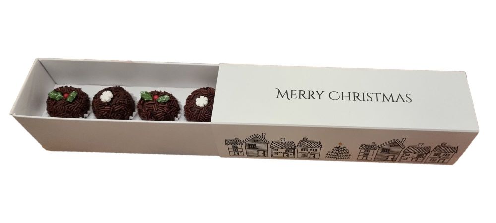 Christmas House Print White Non Window Sleeve and insert truffle Box - 185mm x 50mm x 50mm - Pack of 10