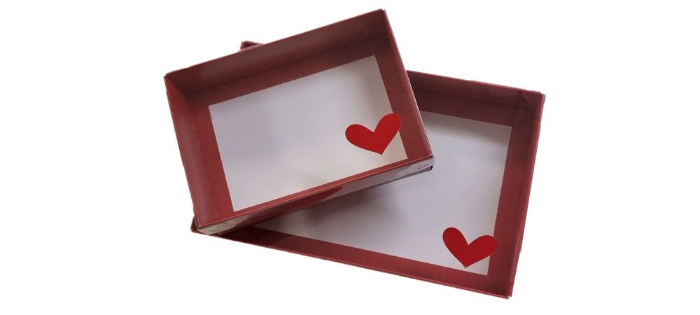 Heart Red Foiled Clear Lid with Red 50mm Deep Gift Boxes (Size to be chosen
