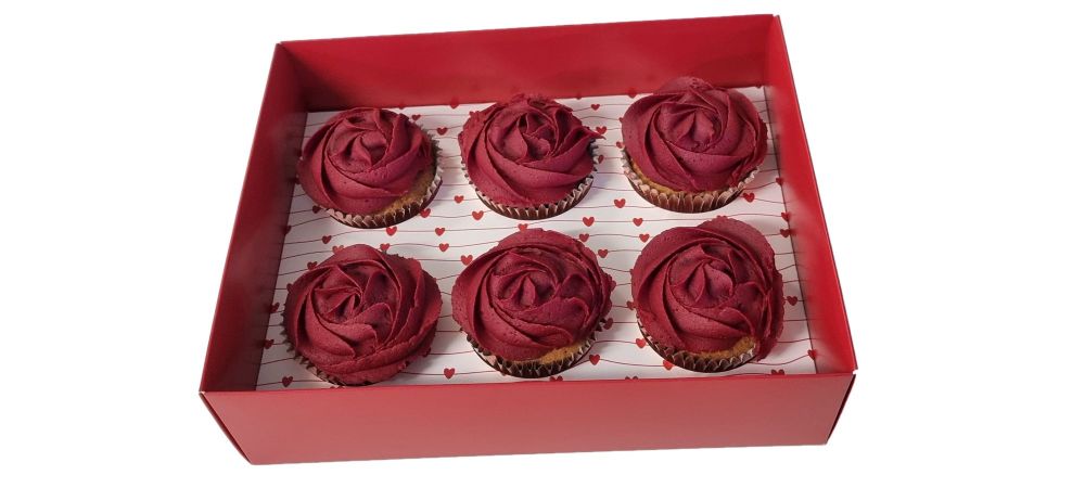 Red 6pk Cupcake Box With Clear Lid & heart printed Insert - 250mm x 195mm x 70mm- Pack of 10