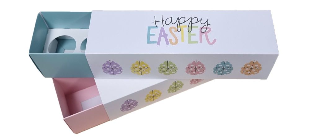 Easter 5pk Truffle Box with white insert, and Printed "Happy Easter" Egg Sleeve ( Colour to be chosen)- 185mm x 52mm x 52mm - Pack of 10