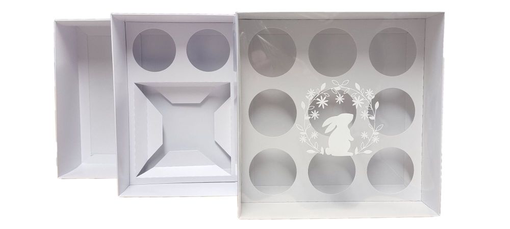 White Bento Box With 5pk Cupcake Insert and Clear Lid- 230mm x 230mm x 90mm