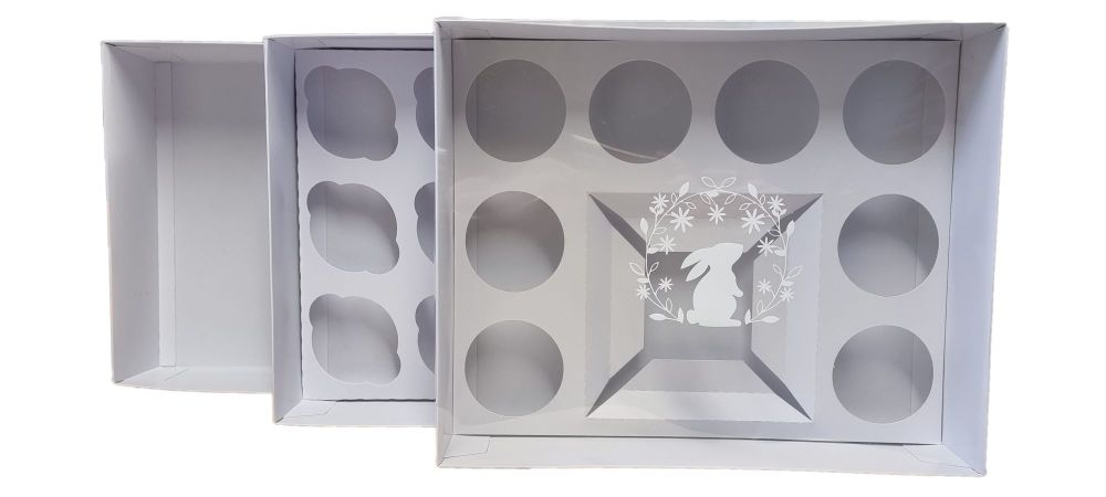 White Large Hamper with White Wreath Bunny Foiled Clear Lid (Style to be chosen)  - 315mm x 250mm x 90 mm - Pack of 10