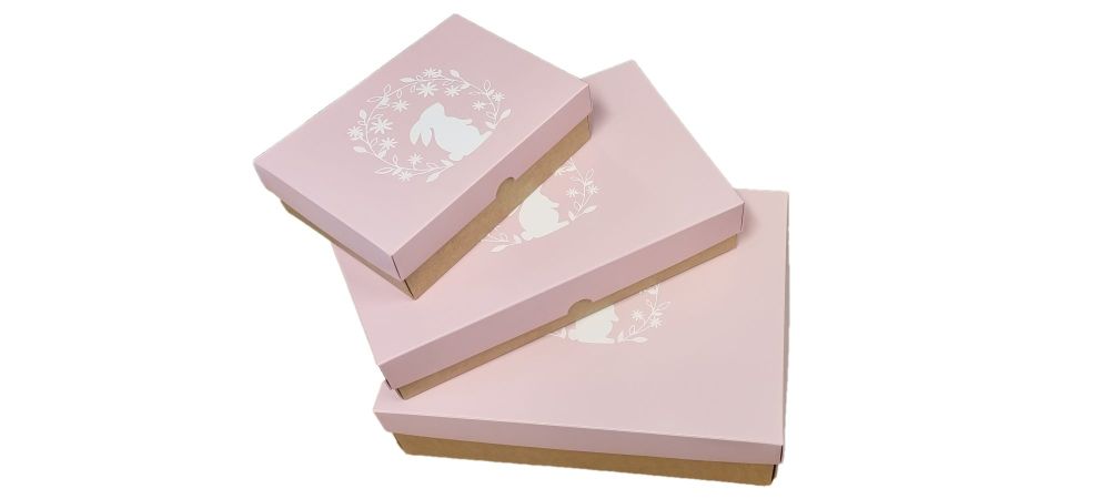 Kraft Base with White wreath bunny foiled pink lid (size to be confirmed and price will vary) -  Pack of 10