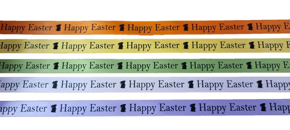 Happy Easter  with Bunny, black foiled 15mm Wide Satin Ribbon (Colour to be chosen) - 5 Metres