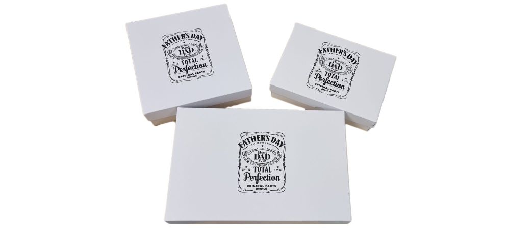 Father's Day White 50mm Deep Boxes With Non Window Black Foiled Lids - (Size to Be Chosen and Price Will Vary) -  Pack of 10