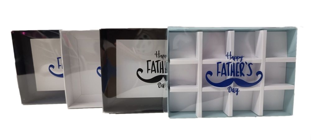 Father's Day 12pk Chocolate Box With blue foiled Clear Lid & Insert  (Colour to be chosen) - 165mm x 115mm x 26mm - Pack of 10