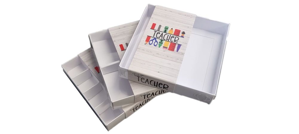 Teacher Stationery White Square Box with Clear Lid &  printed belly band  (Style to be chosen & Price will vary )- 155mm x 155mm x 30mm Pack of 10
