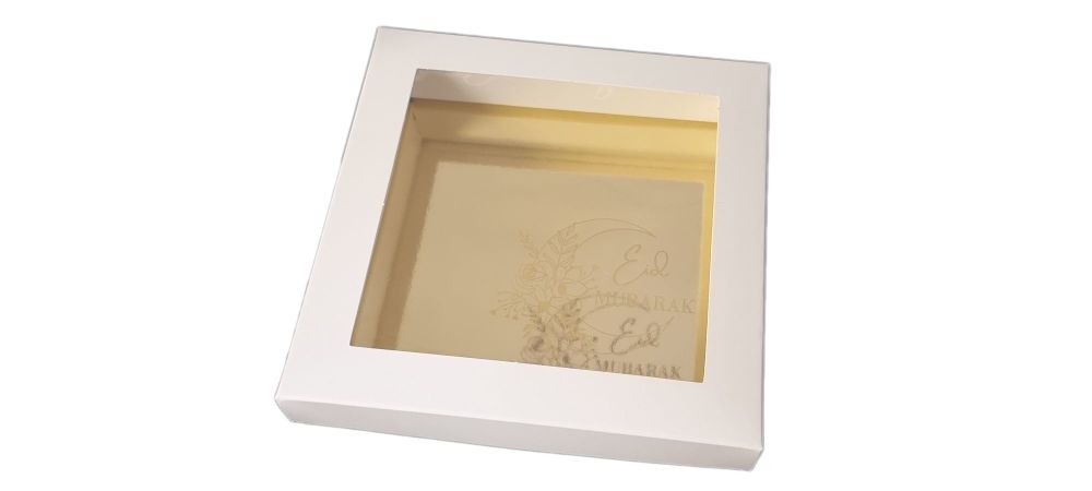Eid White Square Cookie Box with Gold Insert & Gold Foiled Window Lid - 140