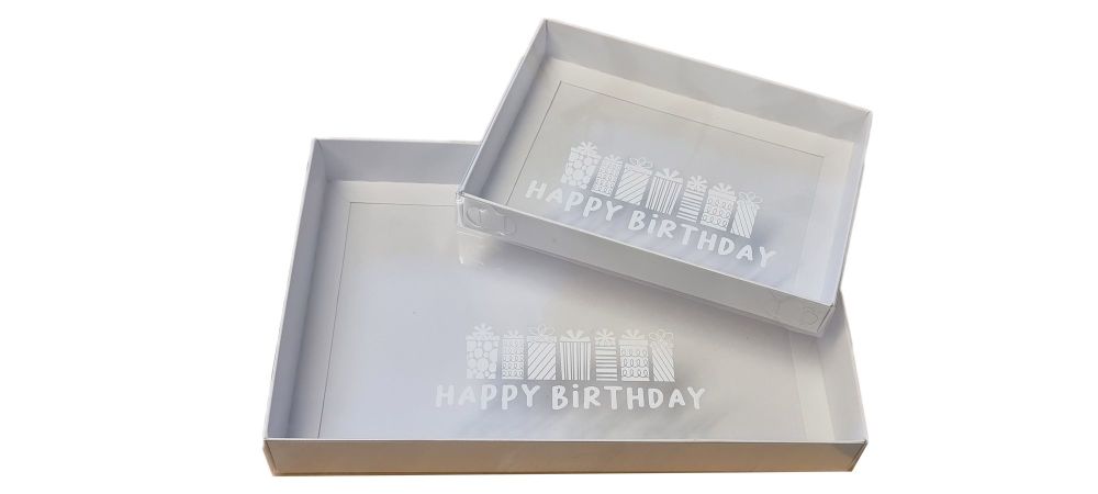 Happy Birthday White Cookie Box With Foiled Present's Logo On Clear Lid- (Various Sizes To Be Chosen) - Pack of 10