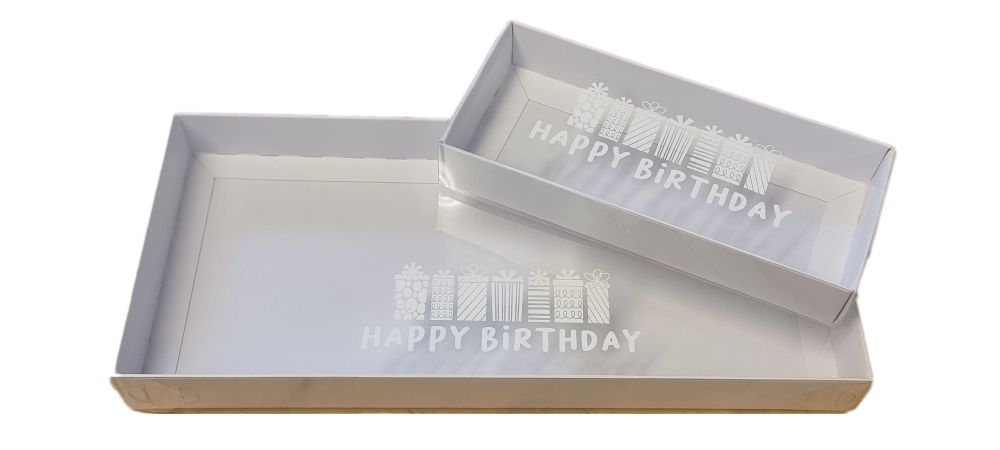 Happy Birthday White Rectangle Cookie Box With Foiled Presents on Clear lid