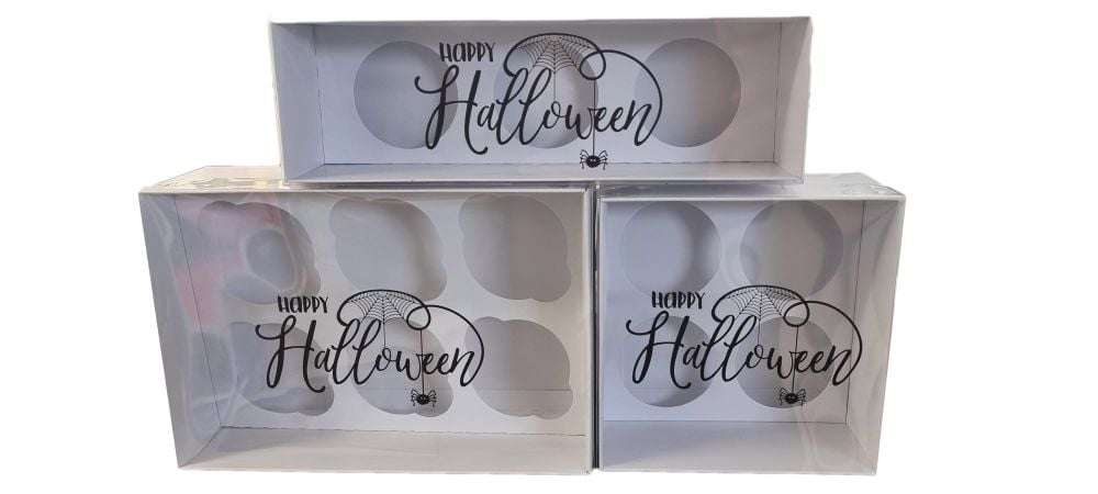 Halloween White Cupcake Boxes With Inserts and Black BOO Foiled Clear Lid (