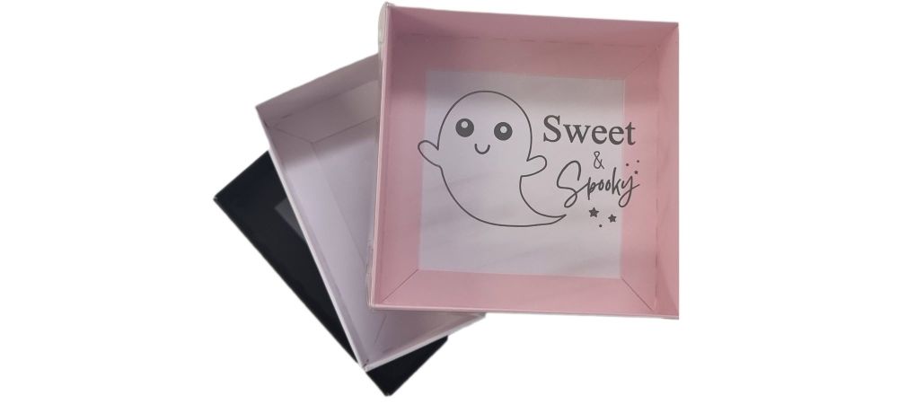Halloween Medium Square Cookie Box With Grey Foiled "Sweet & Spooky" Clear Lid  (Colour to be chosen) - 118mm x 118mm x 30mm - Pack of 10