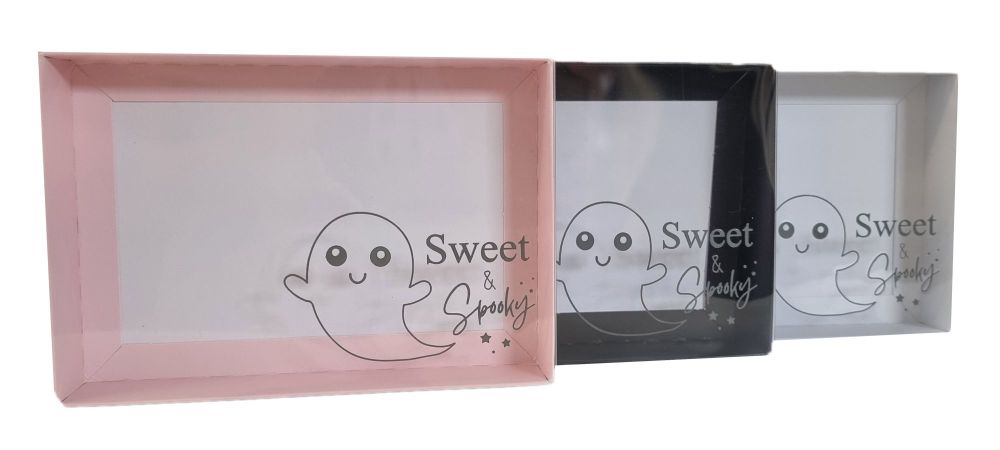 Halloween C6 Cookie Box With Grey Foiled "Sweet & Spooky" Clear Lid (Colour to be chosen) 165mm x 115mm x 26mm- Pack of 10