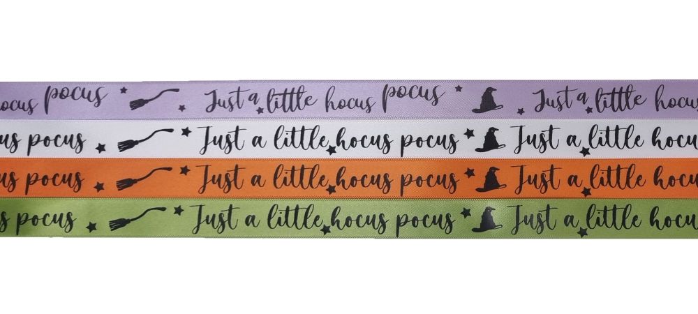Halloween Hocus Pocus Satin Ribbon with Black Foil (Colour of ribbon to be 