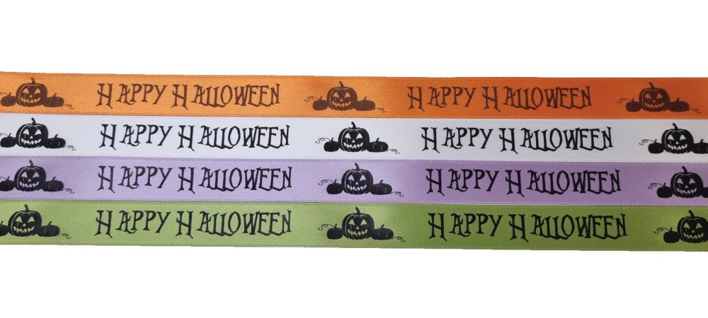 Halloween Pumpkins Satin Ribbon With Black Foil (Colour to be chosen) - 5 Metres x 15mm Wide