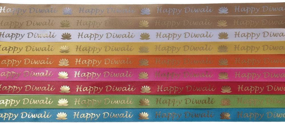 Happy Diwali with foiled Lotus Flower, 15mm wide Satin Ribbon (Colours to be chosen) - 5 Metres