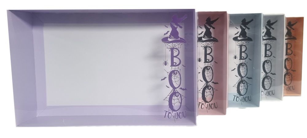 Halloween 50mm Deep Large Cookie Box With Foiled "Boo to You" Clear Lid (Colour to be chosen)-240mm x 155mm x 50mm - Pack of 10