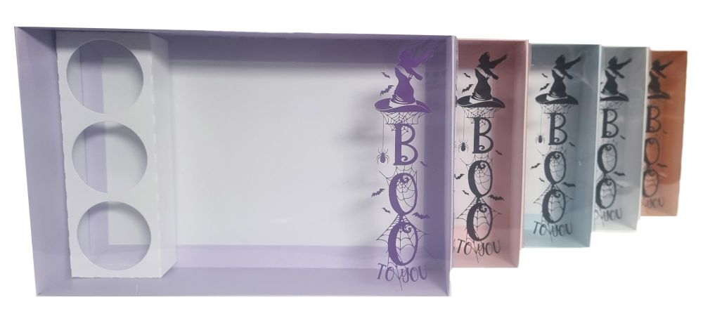 Halloween 50mm Deep Large Cookie Box With Foiled "Boo to You" Clear Lid & Mini 3pk Cupcake Insert (Colour to be chosen)-240mm x 155mm x 50mm - Pack of