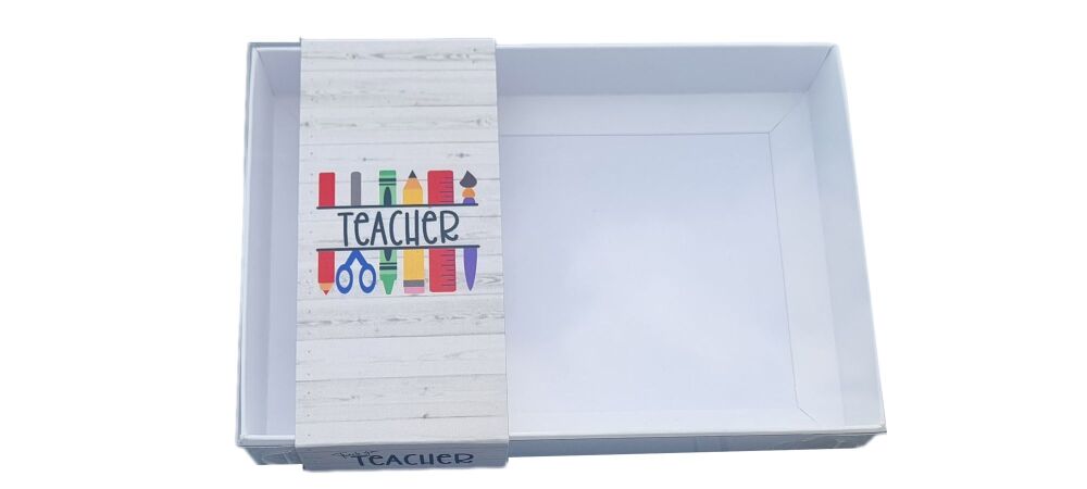 Teacher Stationery White C6 Box with Clear Lid and printed belly band - 165