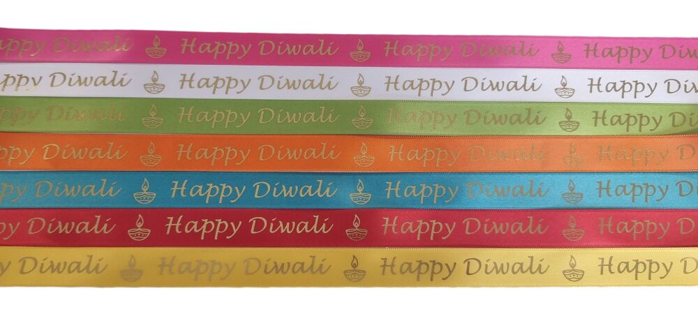 Happy Diwali with foiled Lotus Flower, 15mm wide Satin Ribbon (Colours to b