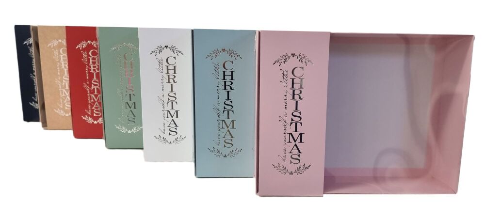 Christmas Banner Hamper Boxes With Clear Lid, Silver Foiled Belly Band  (Colour to be chosen)- 250mm x 195mm x 70mm- Pack of 10
