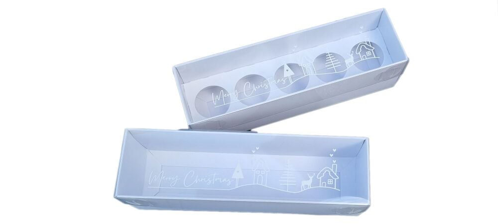 Christmas Scandi Scene 6pk  Macaron / 5pk Truffle (Style to be chosen & price will vary) with Foiled Clear Lid - 185mm x 50mm x 50mm - Pack of 10