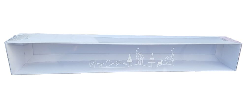 Christmas Scandi Scene White Long 12pk Macaron Box with Foiled Logo on Clear Lid - 360mm x 50mm x 50mm - Pack of 10