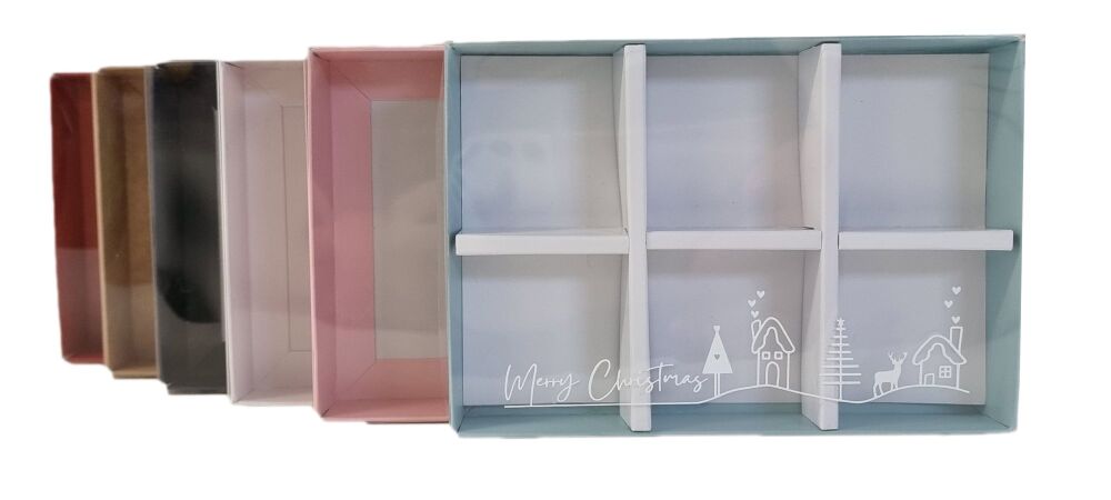 Christmas Scandi Scene 6pk Small Sweet Box With Foiled Clear Lid and Insert (Colour to be chosen)- 165mm x 115mm x 26mm - Pack of 10