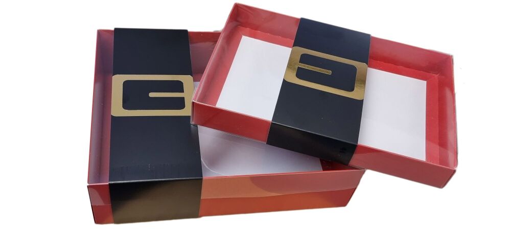 Christmas Santa's Belt Red Box With Gold Foiled Black Belly Band And Clear Lid ( style to be chosen & price will vary)